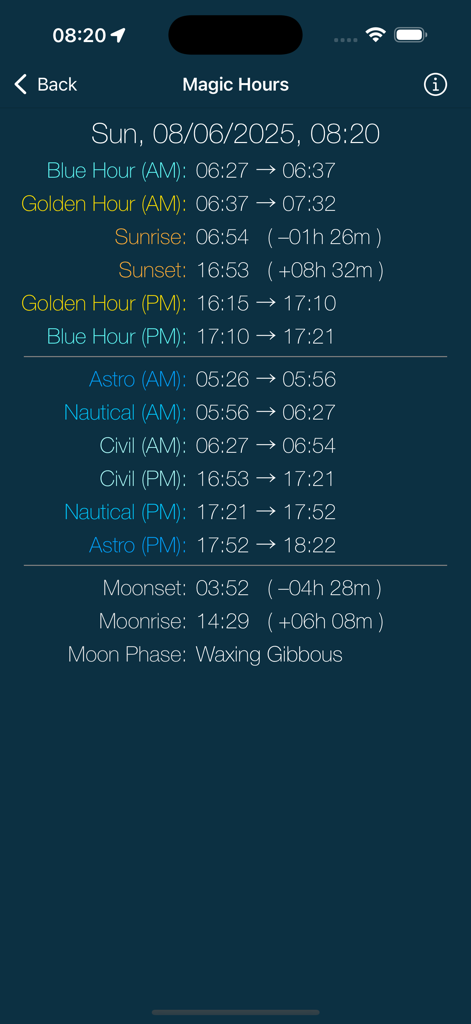LExp - Long Exposure Calcs - LExp app Magic Hours screen showing sunrise sunset blue hour and moon phase timings
