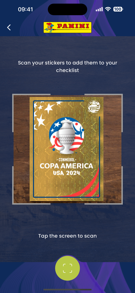 Panini Collectors - Interface of the Panini Collectors app scanning a Copa America USA 2024 sticker