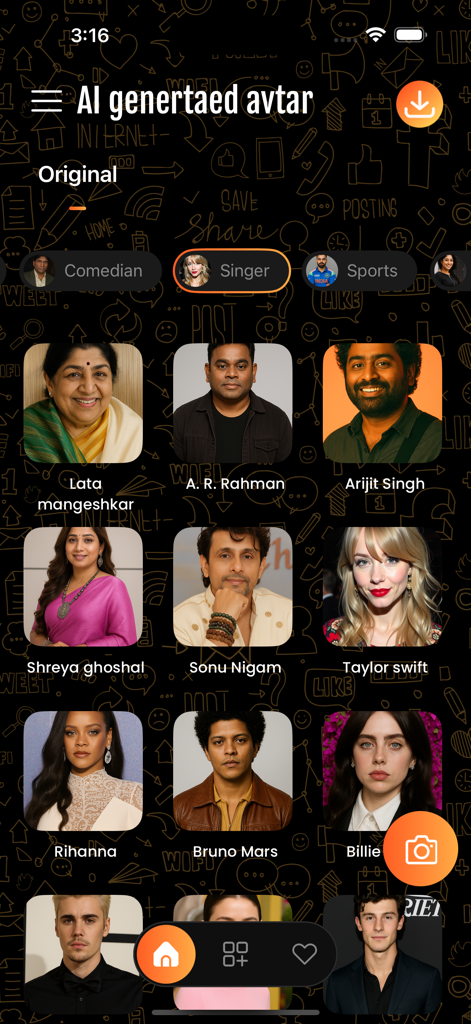 LipSync: AI Video Generator - Interface do aplicativo LipSync mostrando uma grade de seleção de avatares de cantores famosos, incluindo Taylor Swift e Rihanna.