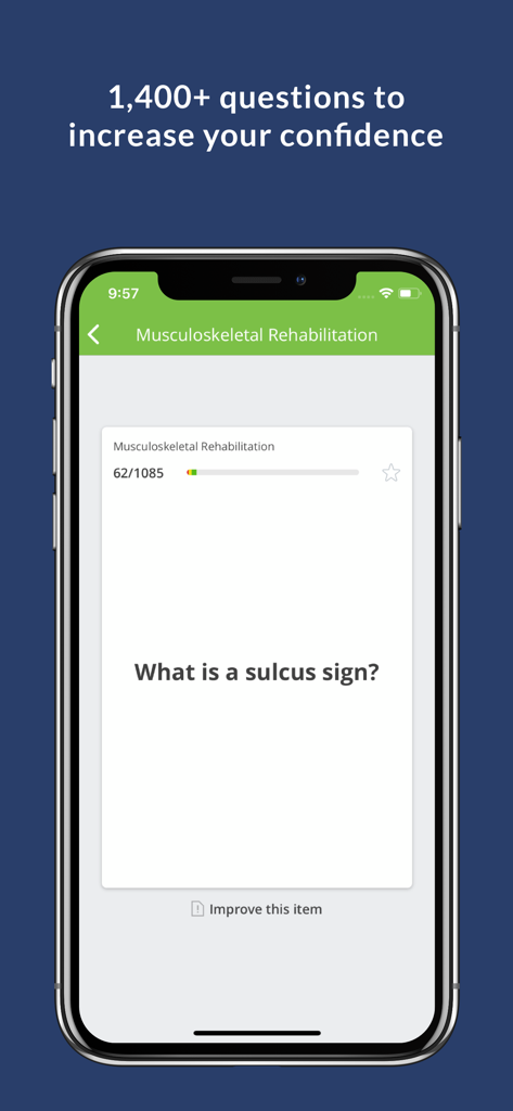 Captura de tela do aplicativo PMR Board Exam Review mostrando uma questão prática de reabilitação musculoesquelética em um celular