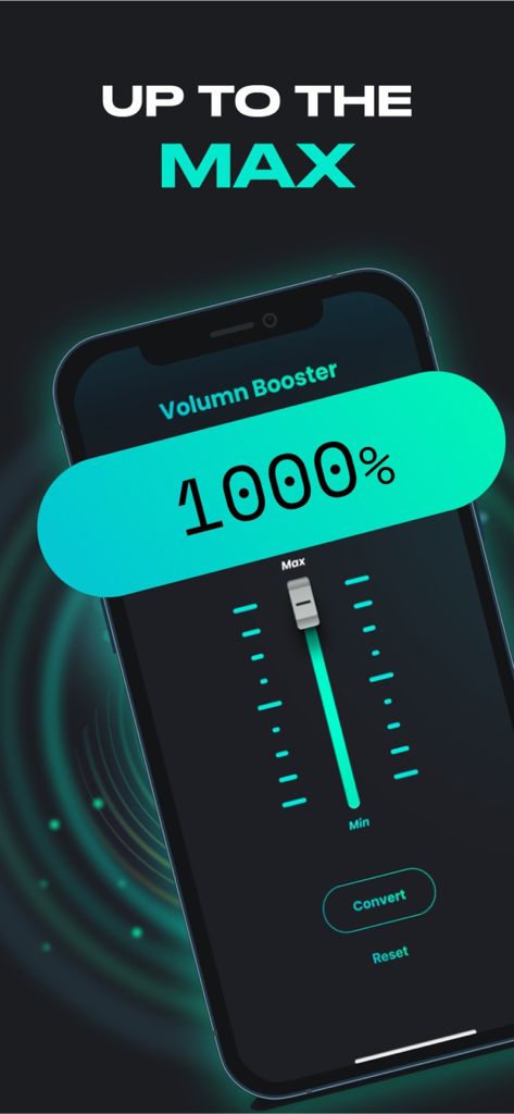 Super Volume Booster: Louder - Super Volume Booster app interface showing a volume slider set to max for 1000 percent amplification
