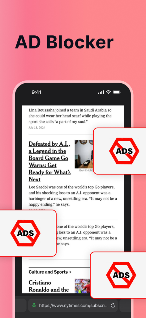 Dark Web Browser - VPN Proxy - Interface of Dark Web Browser app showing the ad blocker feature on a news website