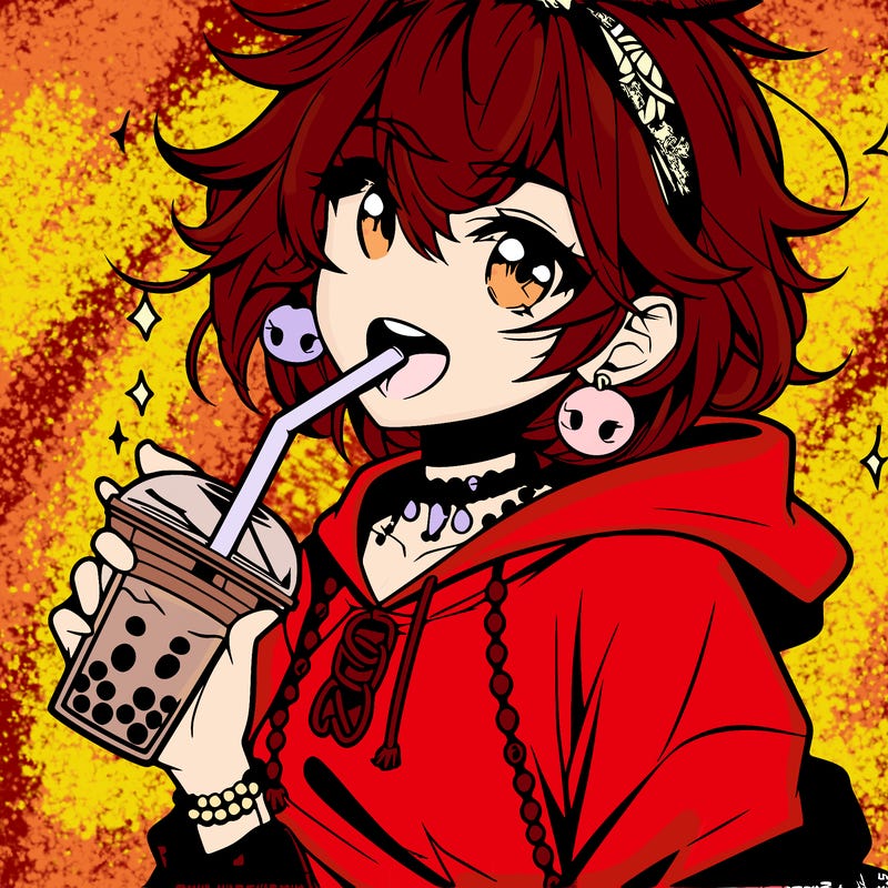 hot baddie anime girl drinking boba and biting the straw
