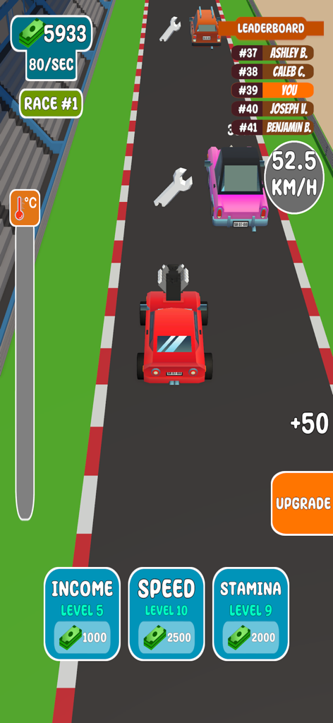 Merge Car Racing 3D - Vista de arriba hacia abajo de un coche rojo compitiendo en una pista con opciones de mejora de velocidad y resistencia.