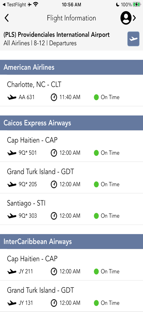 Salidas de vuelos y estado del Aeropuerto Internacional de Providenciales en la aplicación Grace Bay Resorts