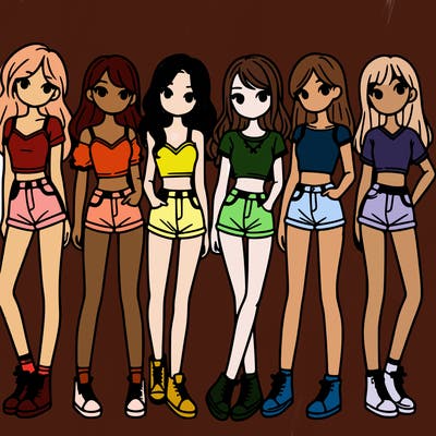 a group of girls wearing crop tops and shorts