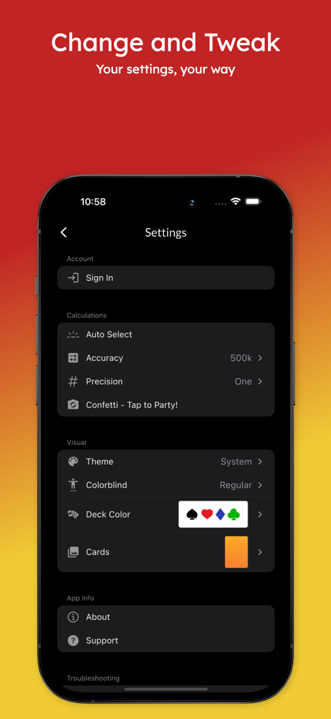 Poker Geek Odds Pro - Settings screen of the Poker Geek Odds Pro app showing calculation accuracy and visual customization options like four color deck and colorblind mode