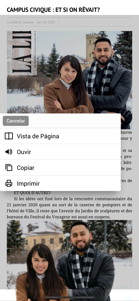 LA LIBERTÉ - Una captura de pantalla de la aplicación de noticias La Liberté que muestra un artículo en francés con una superposición de menú de navegación.