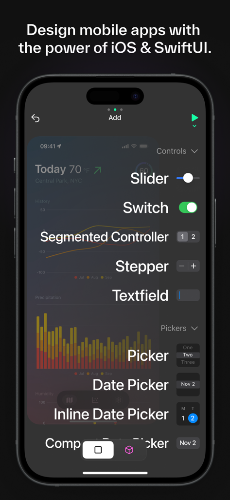 Play: Create Better Apps - Interface of Play app showing native iOS design components like Slider, Switch, and Segmented Controller for mobile prototyping.
