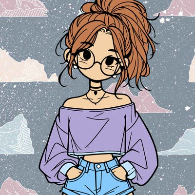 girl with a messy ponytail glasses a baggy crop top and jean shorts