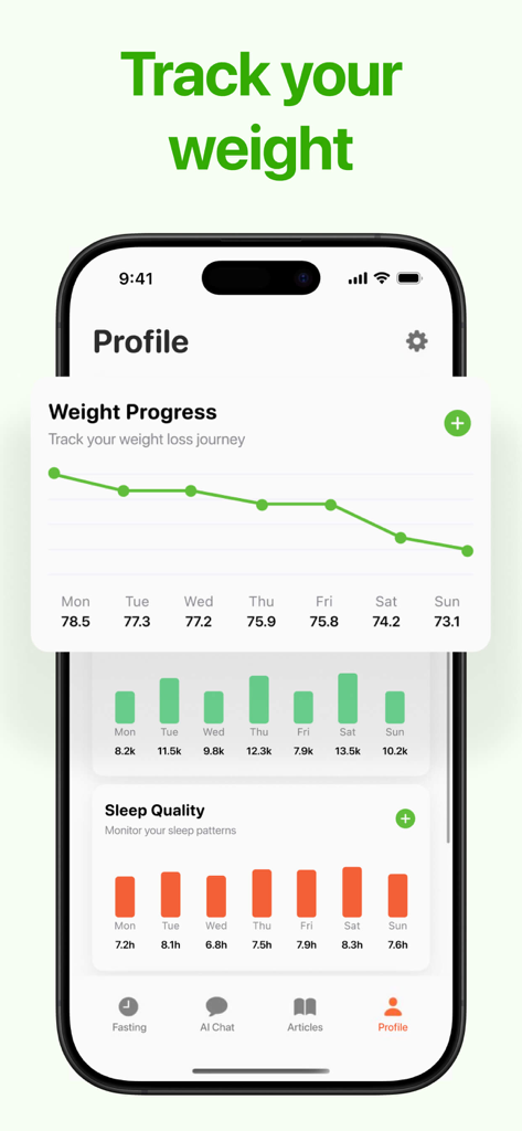 Intermittent Fasting Trackerㅤㅤ - Pantalla de perfil de la aplicación Rastreador de Ayuno Intermitente que muestra un gráfico de línea de progreso de peso y gráficos de métricas de salud para pasos y calidad del sueño.