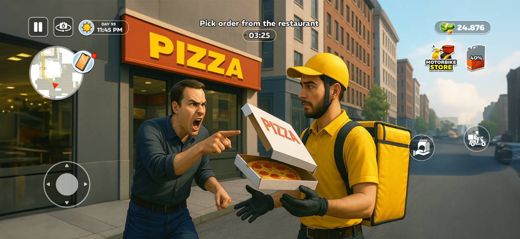 Deliver Till Dawn - Un repartidor con uniforme amarillo se enfrenta a un cliente enfadado fuera de una pizzería en el juego Deliver Till Dawn