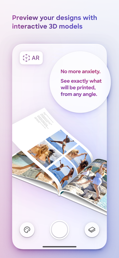 Popsa | Print Your Photos - Popsaアプリのモバイル画面。インタラクティブな3Dモデルと拡張現実を使用してフォトブックデザインをプレビューする機能が表示されています