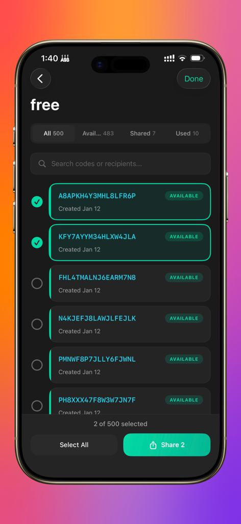 Coupon Distributor app screen displaying a list of available promo codes with bulk selection and sharing features.