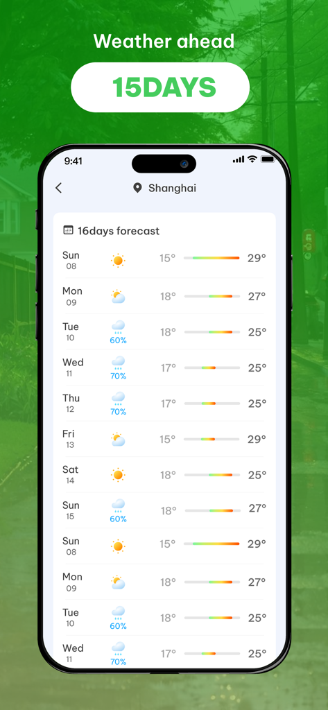 Weather Scope - Local Forecast - Una pantalla de pronóstico meteorológico a 16 días de la aplicación Weather Scope que muestra los rangos de temperatura diarios y las condiciones para Shanghái.