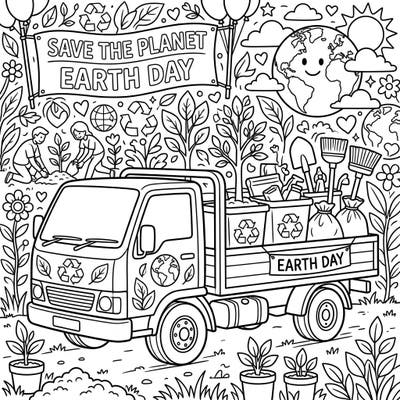 Hop aboard this special flatbed truck, ready to make a difference this Earth Day! Filled with all the essentials for a cleaner, greener planet, this page invites young environmentalists to color with purpose.