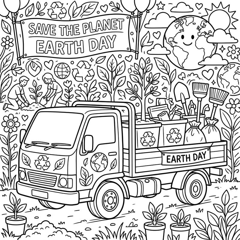 Hop aboard this special flatbed truck, ready to make a difference this Earth Day! Filled with all the essentials for a cleaner, greener planet, this page invites young environmentalists to color with purpose.