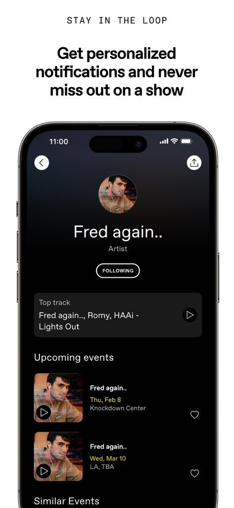 DICE: Live Shows - Pagina del profilo artista sull'app DICE con spettacoli dal vivo imminenti e un pulsante per seguire gli avvisi personalizzati.