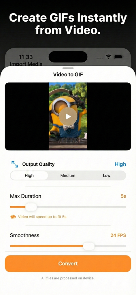 Interface of the Video to GIF tool showing options for output quality, duration, and smoothness.