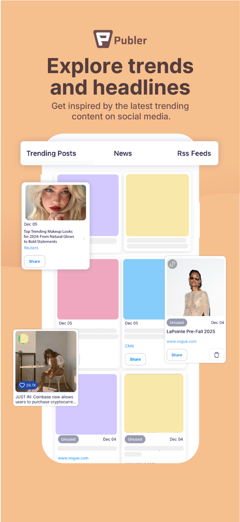 Publer: Social Media Tools - Publer app interface displaying trending posts and news headlines for social media inspiration.
