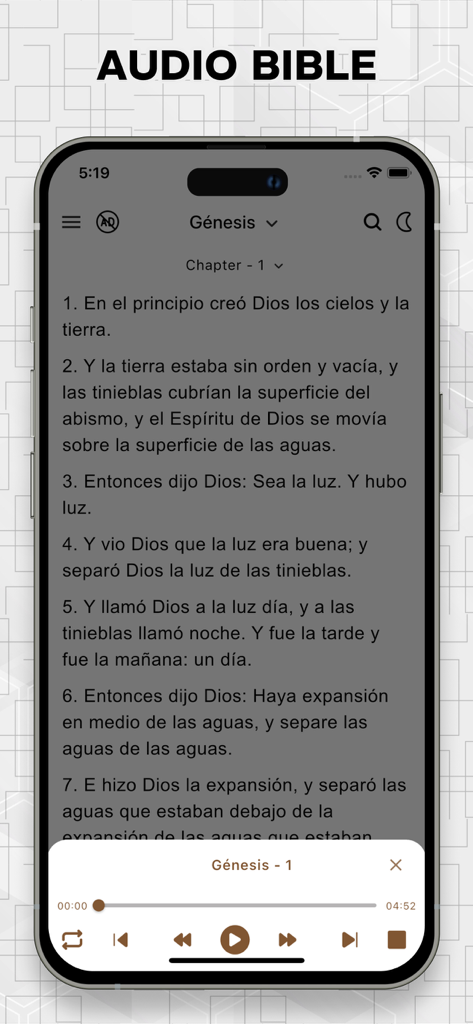 La Biblia de las Américas LBLA - Audio player interface of the LBLA Spanish Bible app showing Genesis Chapter 1
