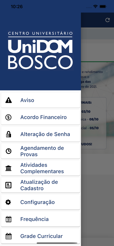 UniDomBosco app interface showing the student navigation menu