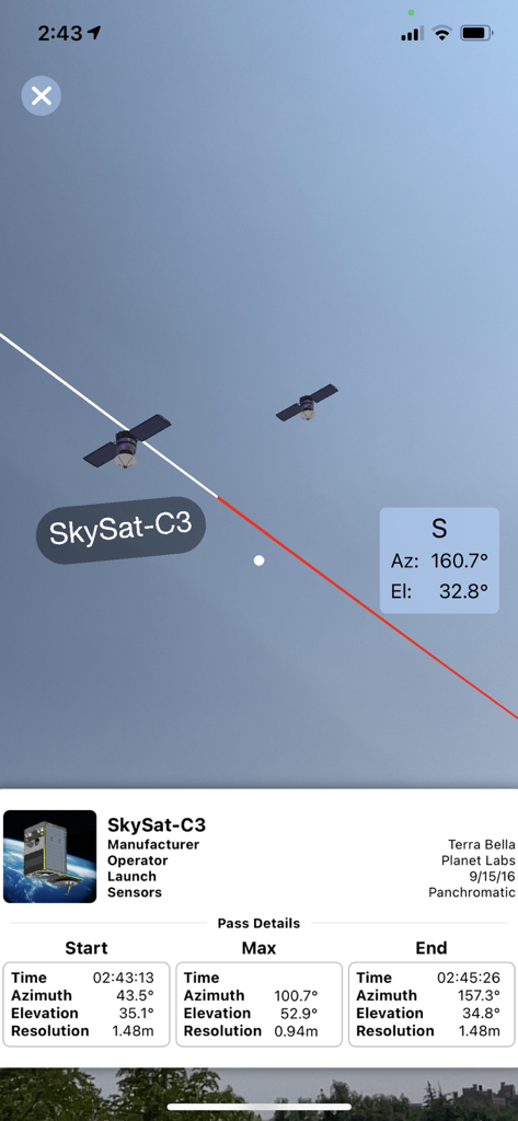 SpyMeSat - SpyMeSat app showing an augmented reality view of SkySat-C3 in the sky with real-time pass details and technical satellite data
