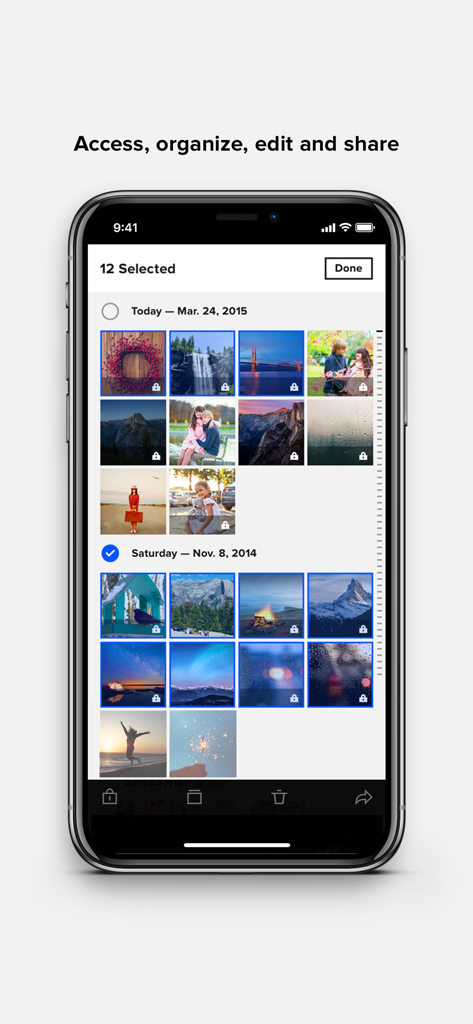 Capture d'écran de l'application Flickr montrant les fonctionnalités de sélection et d'organisation des photos par date