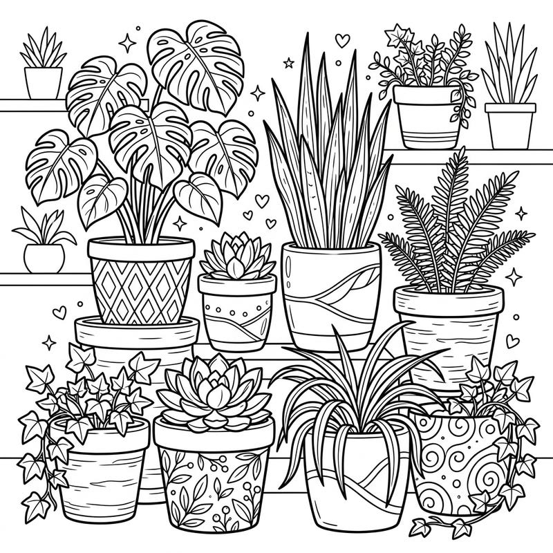 Immerse yourself in the calming world of indoor gardening with this charming ceramic plant pots coloring page. Designed with clear lines and delightful botanical patterns, it offers a perfect artistic escape for seniors.
