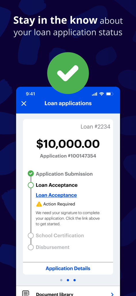 Sallie Mae - Sallie Mae app interface showing a 10000 dollar student loan application progress timeline from submission to disbursement.