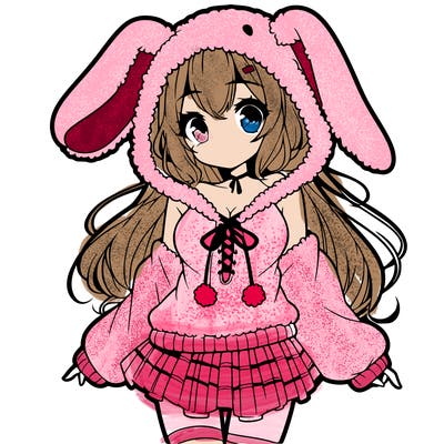 pretty anime girl wearing a fluffy hoodie with bunny ears on the hood and a skirt