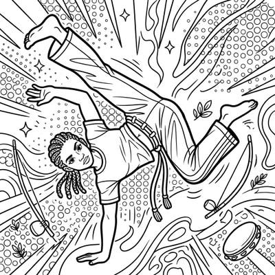 Experience the energy of Capoeira fused with striking Pop Art in this unique coloring page. Capture the rhythm and motion of this incredible martial art with your favorite colors.