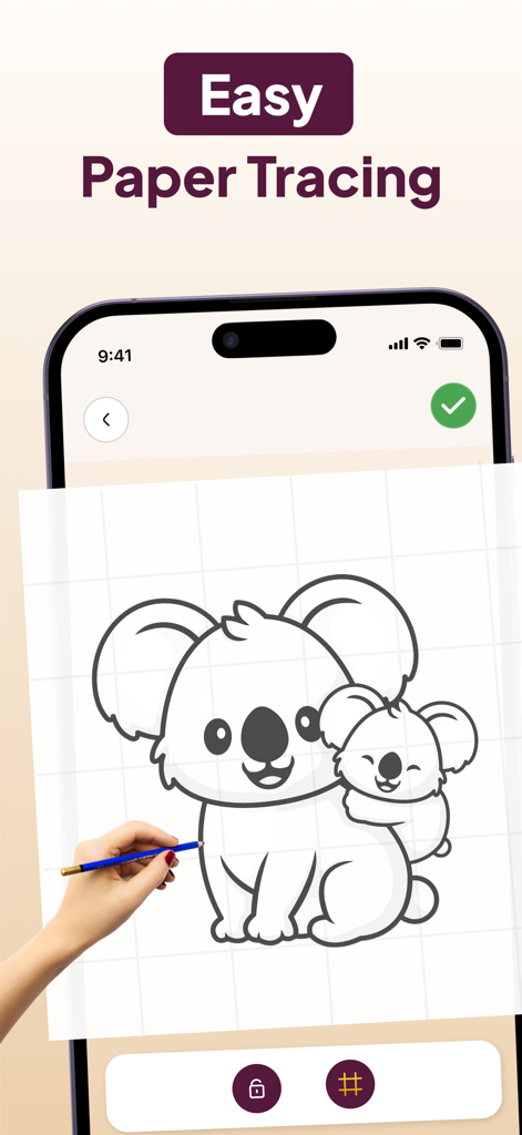 AR Drawing App: Sketch & Paint - Smartphone screen displaying a koala sketch for easy paper tracing with a hand holding a pencil