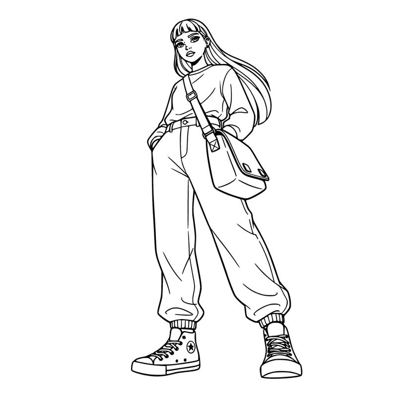 a girl with baggie pants and short but long hair with a long sleeve shirt with convers