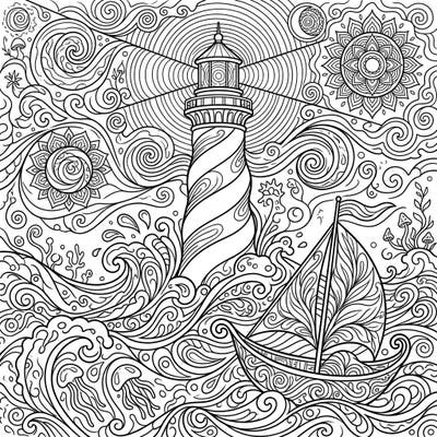 Embark on an extraordinary coloring voyage with this unique design featuring an iconic lighthouse amidst a sea of psychedelic patterns. Lose yourself in the swirling waves and intricate details of this captivating artwork.