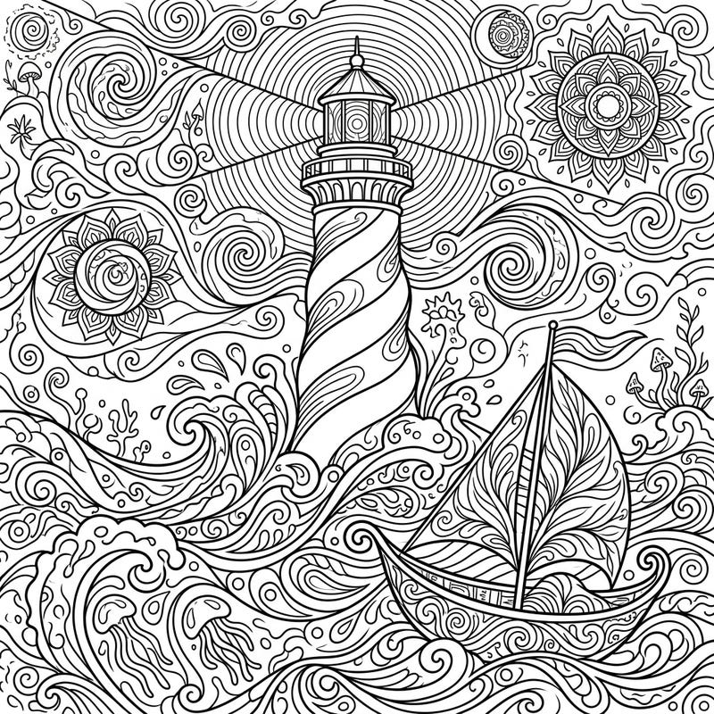 Embark on an extraordinary coloring voyage with this unique design featuring an iconic lighthouse amidst a sea of psychedelic patterns. Lose yourself in the swirling waves and intricate details of this captivating artwork.
