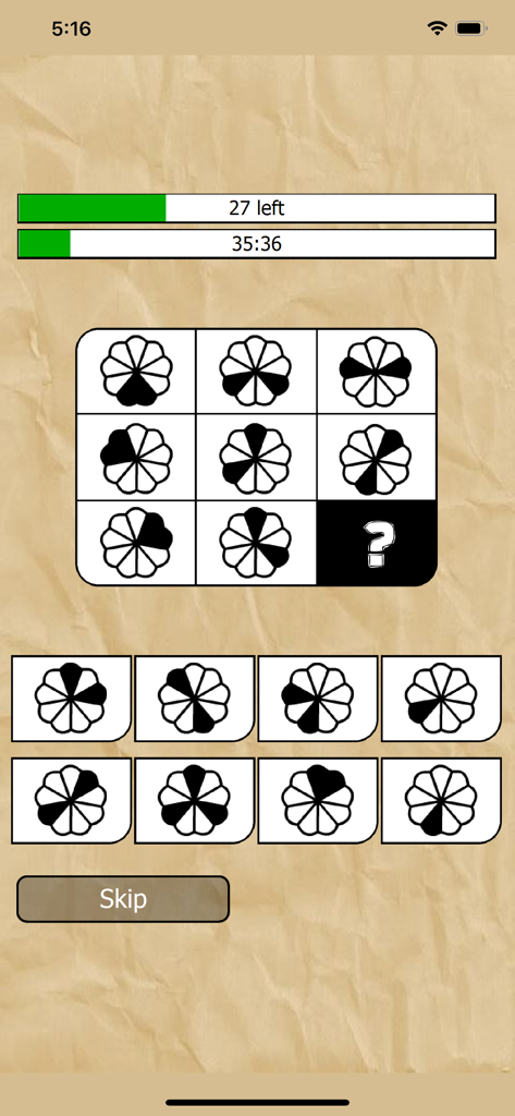 A logic pattern puzzle from the What is my IQ app showing a matrix of symbols with multiple choice answers