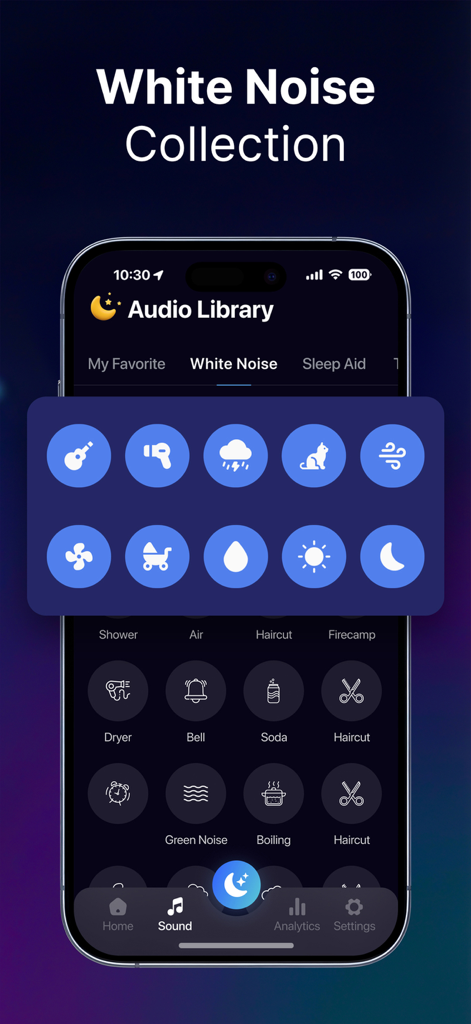 Snoozy: Sleep Sounds & Tracker - The white noise and audio library interface of the Snoozy sleep tracker app featuring various ambient sound icons.