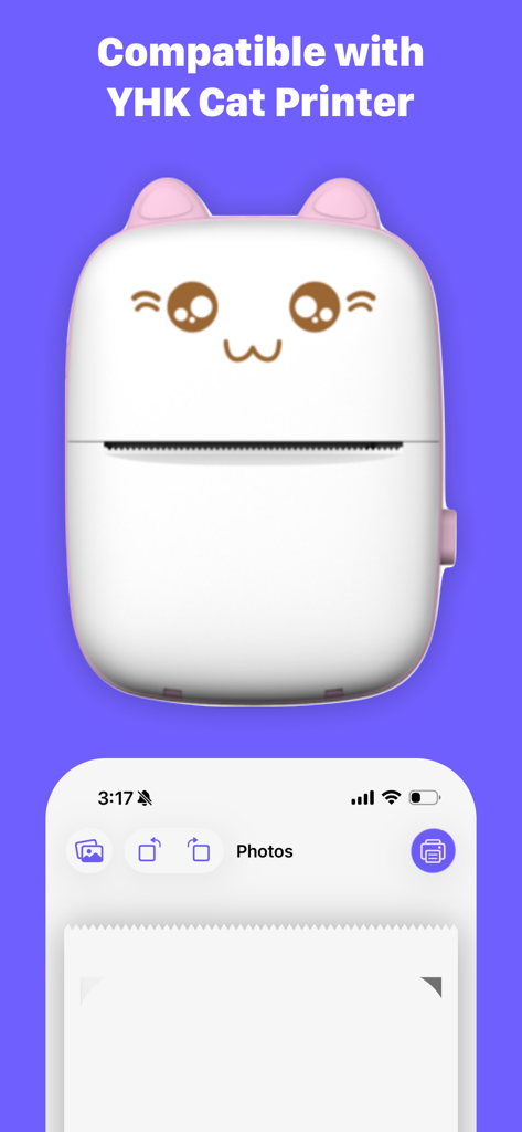 QuickPrint - Thermal Printing - Interfaz de la aplicación QuickPrint mostrando compatibilidad con una linda impresora térmica con forma de gato YHK.