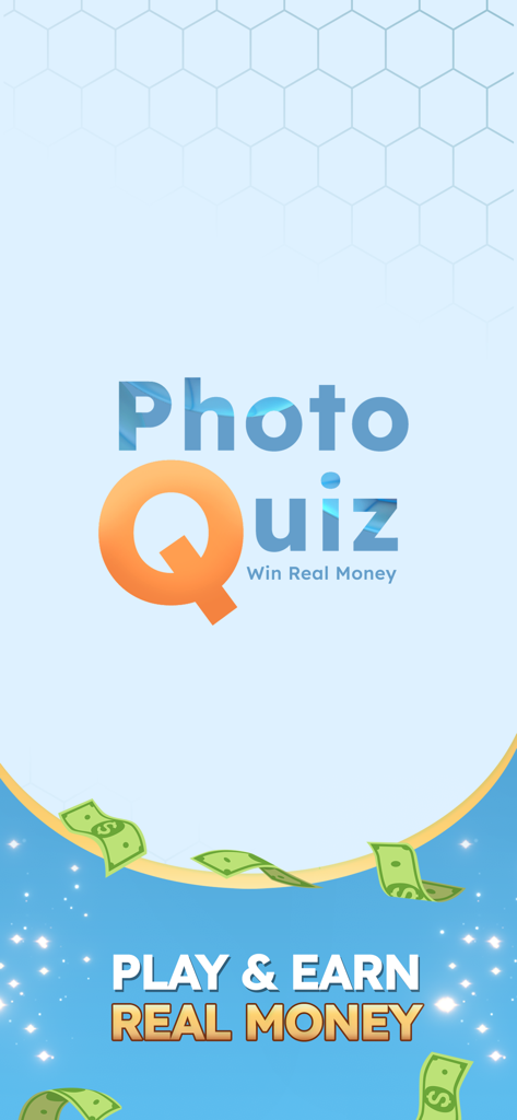 Photo Quiz: Win Real Money - Photo Quiz app splash screen with the title and Play and Earn Real Money slogan