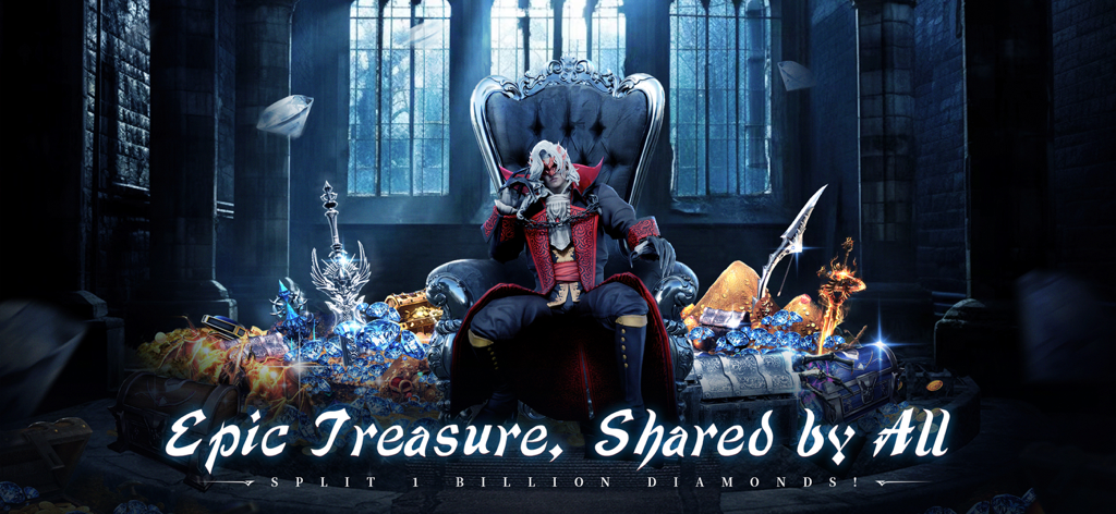 Um personagem com roupas ornamentadas em vermelho e preto sentado em um trono de prata cercado por pilhas de diamantes azuis e baús de tesouro