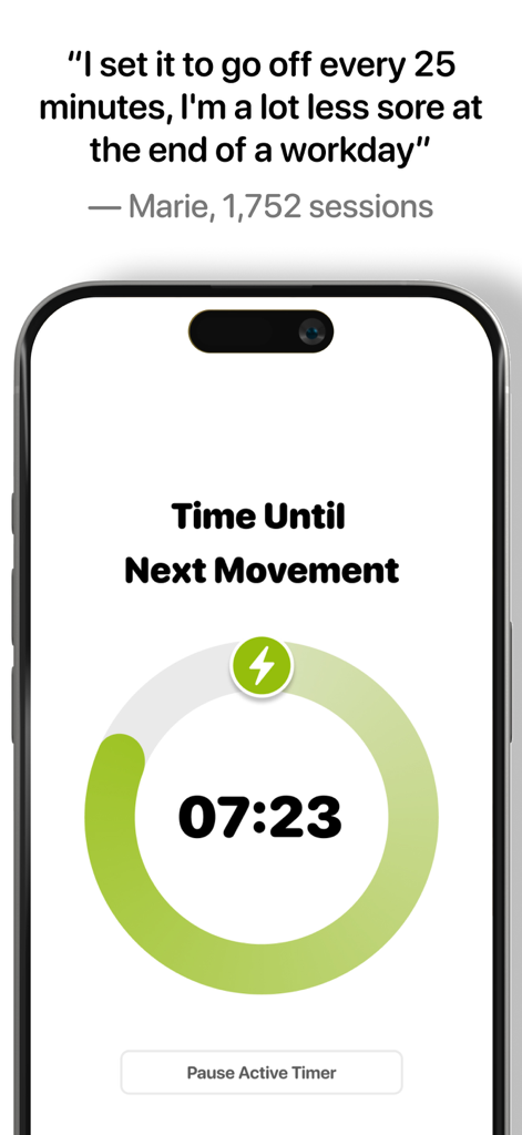 A screenshot of the Wakeout app showing a countdown timer for the next movement break accompanied by a user testimonial about reducing work soreness.