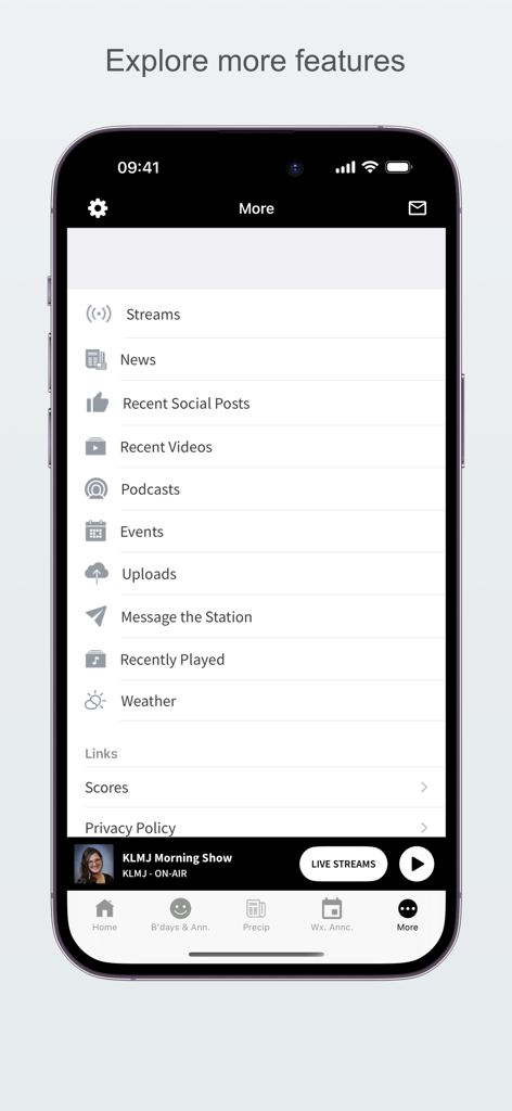 RadioOnTheGo - RadioOnTheGo mobile app interface showing the more features menu with options for news sports scores and live radio streaming