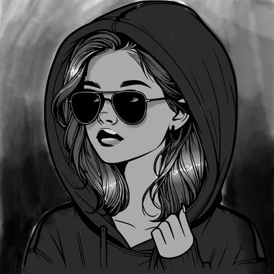 realistic teenage girl, wearing a hoodie and sunglasses