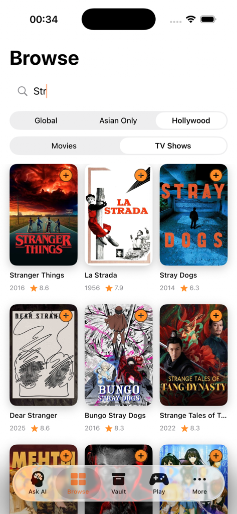 Kiss AI app browse interface showing a search bar and movie posters