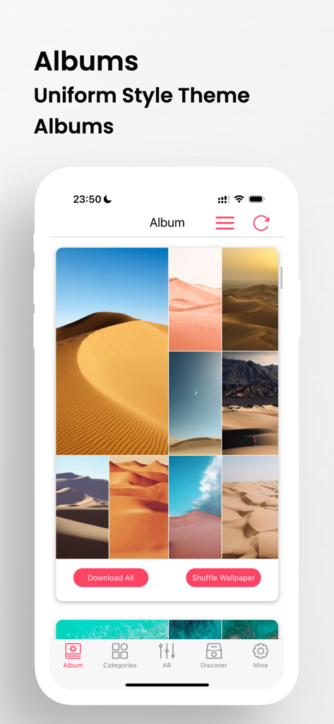 Wallpapers HD : Albums - iPhone app interface showing curated desert landscape wallpaper albums