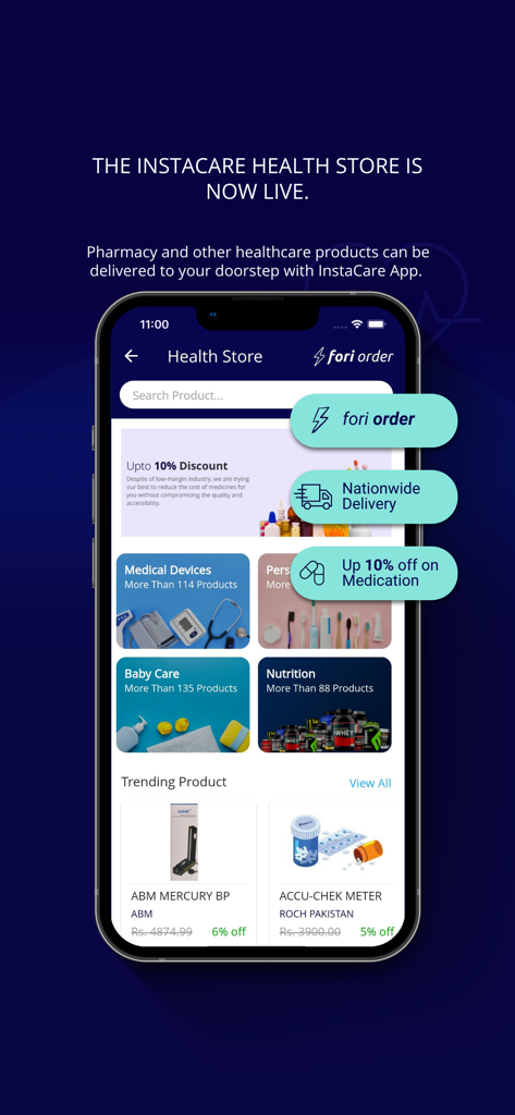 Écran de la boutique de santé de l'application InstaCare avec des produits de pharmacie et des dispositifs médicaux pour la livraison à domicile