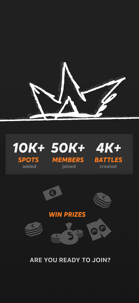 CityLegends: Skate BMX Parkour - CityLegends app screen showing community statistics for spots added, members joined, and battles created