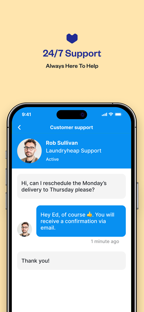 Pantalla de chat de atención al cliente de Laundryheap que muestra el servicio 24/7