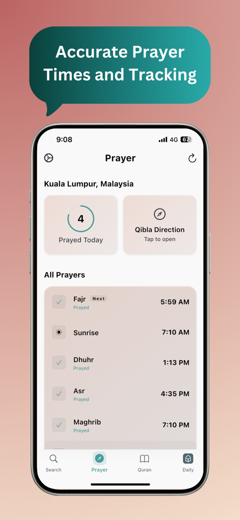Tasleem app prayer screen showing daily prayer times and tracking progress for a productive Muslim lifestyle